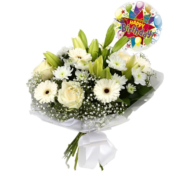 Birthday Balloon & White Petite Bouquet