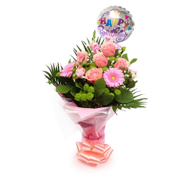 Birthday Balloon & Cherished Pink Bouquet