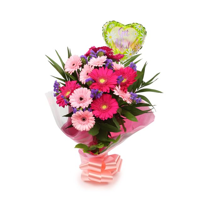 Get Well Balloon & Gerbera Blush Bouquet