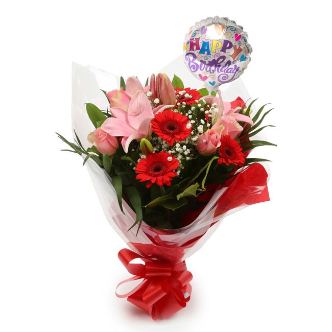 Birthday Balloon & Pink Red Deluxe Bouquet
