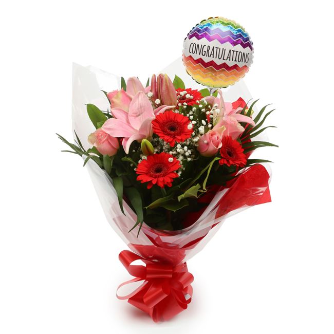 Congratulations Balloon & Pink Red Deluxe Bouquet