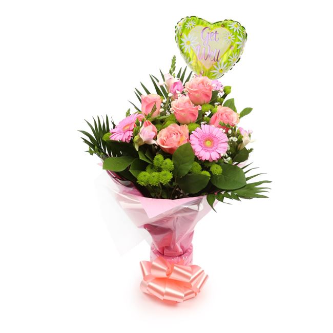 Get Well Balloon & Cherished Pink Bouquet