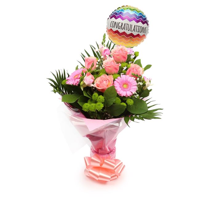 Congratulations Balloon & Cherished Pink Bouquet