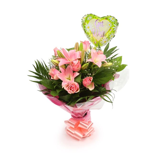 Get Well Balloon & Pink Jewel Bouquet