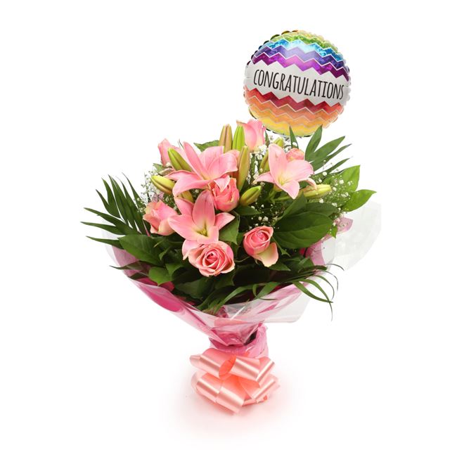 Congratulations Balloon & Pink Jewel Bouquet