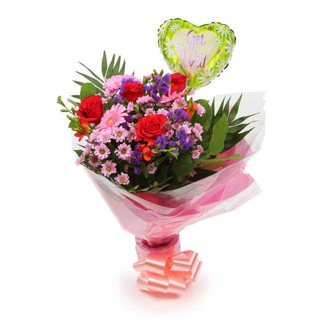 Get Well Balloon & Red Blush Bouquet