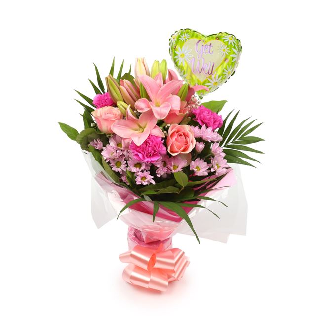 Get Well Balloon & Pink Candy Bouquet