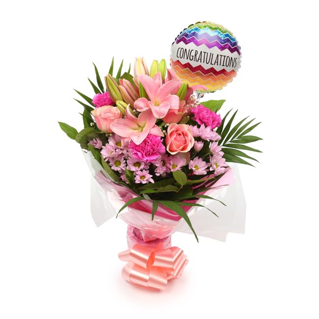 Congratulations Balloon & Pink Candy Bouquet