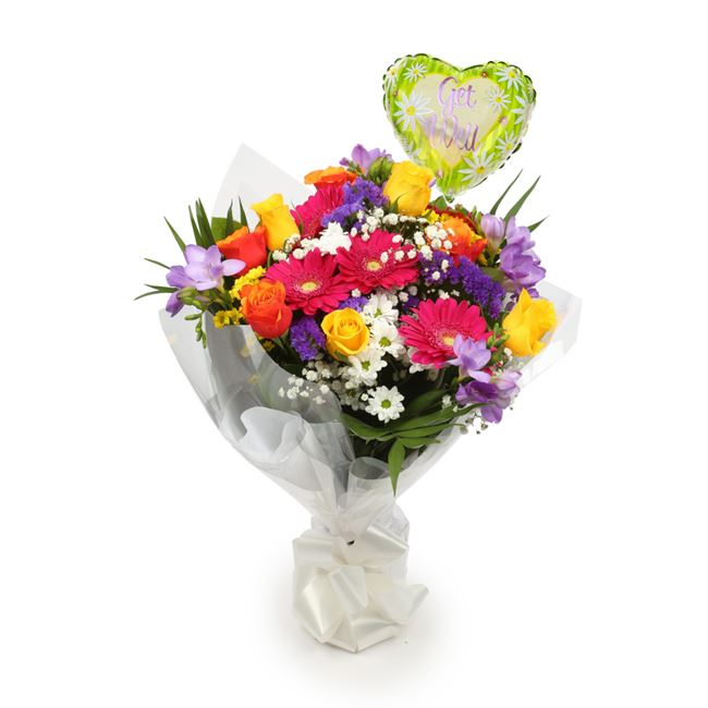 Get Well Balloon & Brilliant Blooms Bouquet