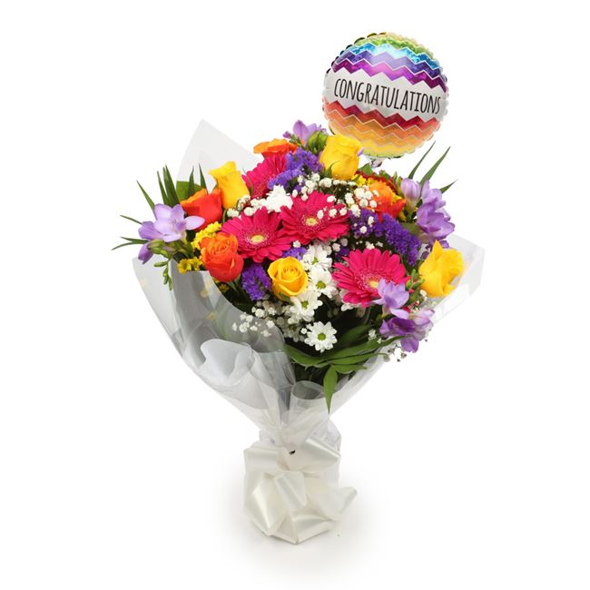 Congratulations Balloon & Brilliant Blooms Bouquet