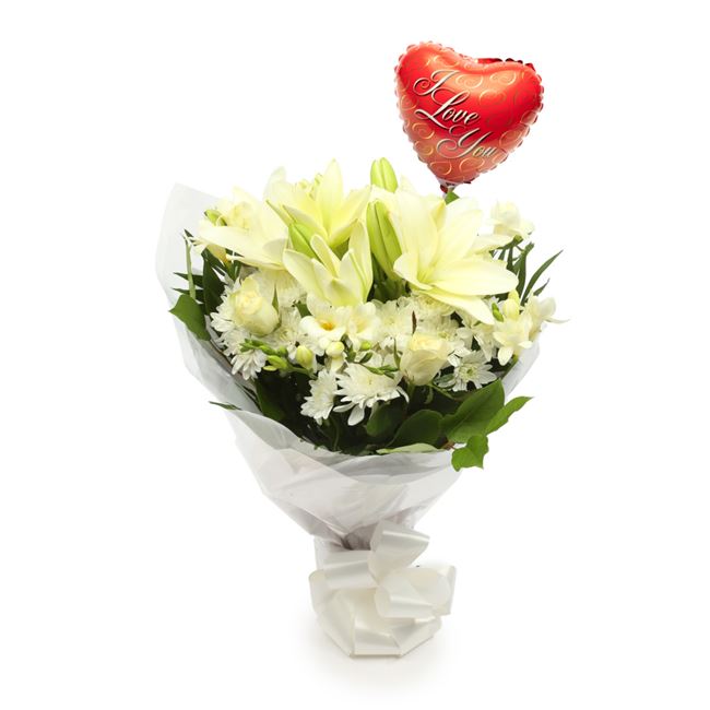 Love You Balloon & White Elegance Bouquet
