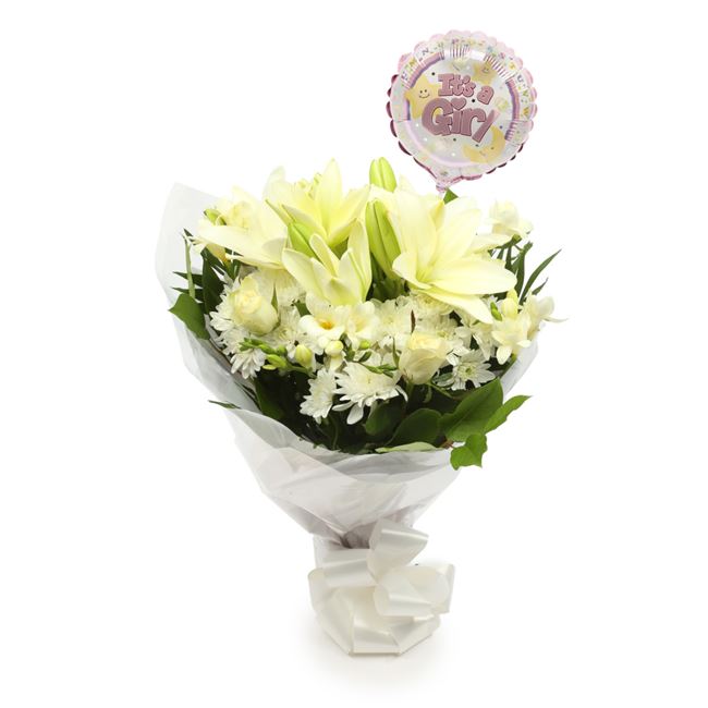 Its A Girl Balloon & White Elegance Bouquet