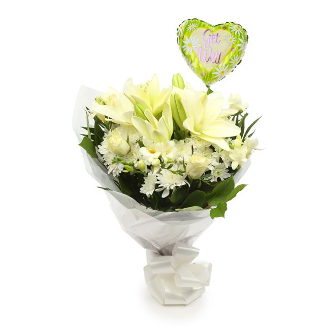 Get Well Balloon & White Elegance Bouquet