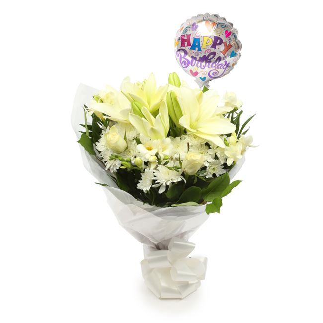 Birthday Balloon & White Elegance Bouquet