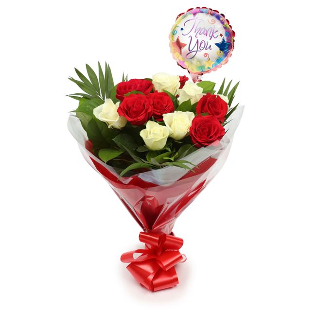 Thank You Balloon & 12 Red & White Roses