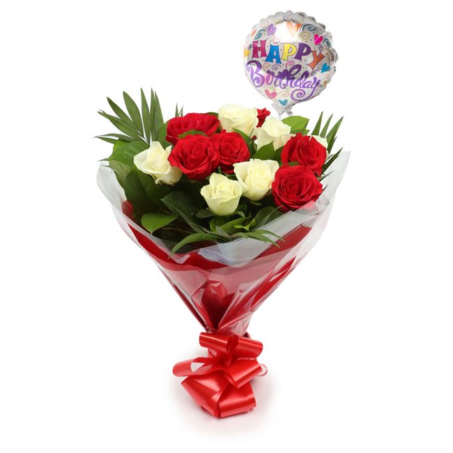 Birthday Balloon & 12 Red & White Roses