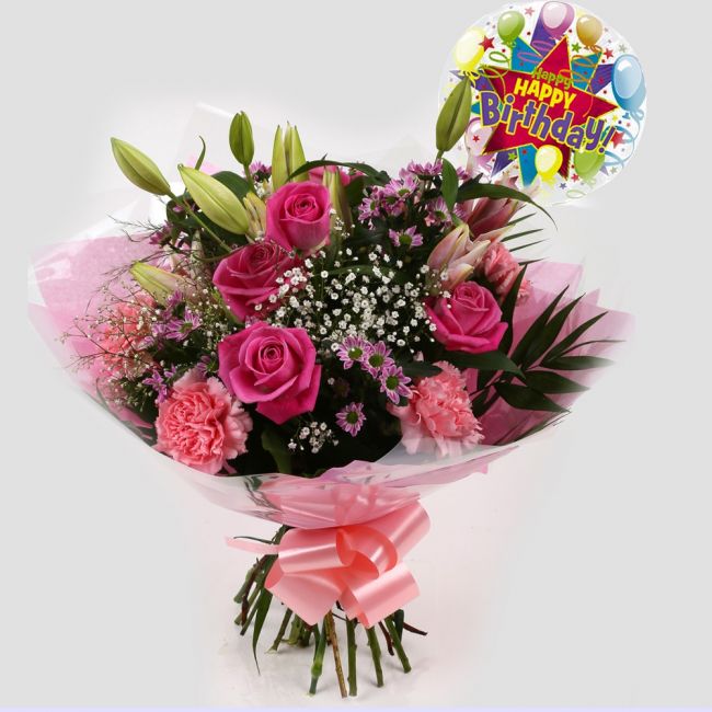 Birthday Balloon & Pink Crystal Bouquet