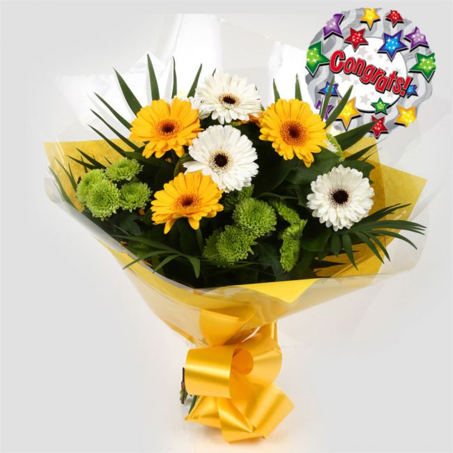 Congrats Balloon & Yellow Cream Bouquet