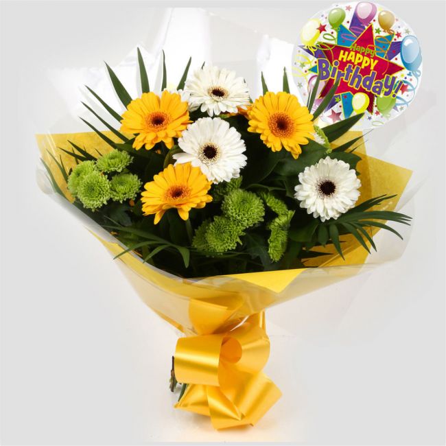 Birthday Balloon & Yellow Cream Bouquet